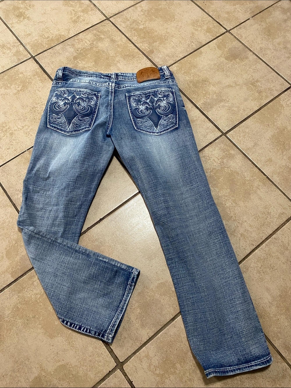 Affliction Men’s Light Blue Straight Leg Jeans with Embroidered Back Pockets